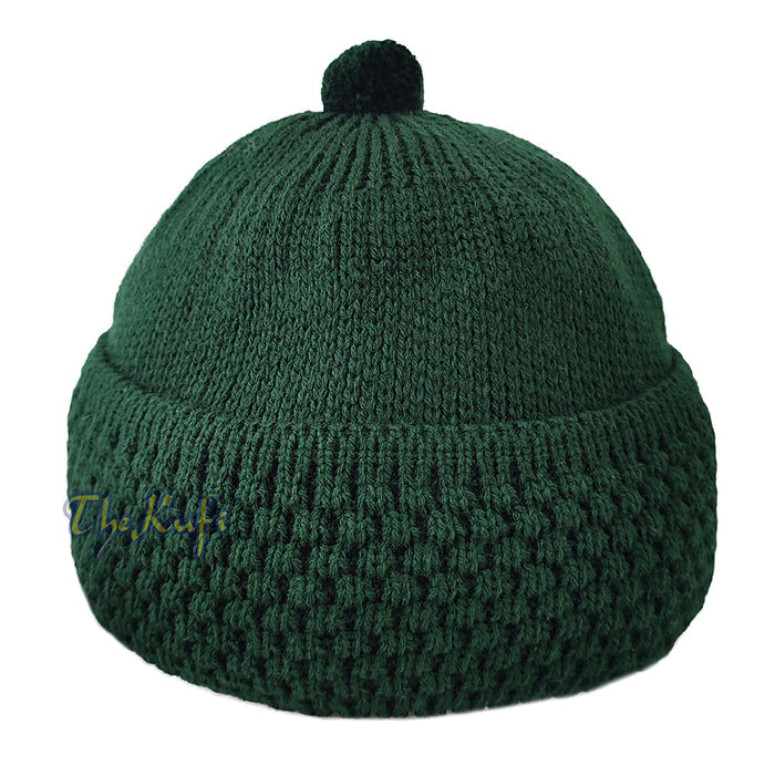 Dark Green Winter Beanie with pom-pom Thick Faux Wool Double Layer Warm Hat Cap One-Size