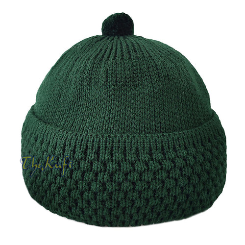 Dark Green Winter Beanie with pom-pom Thick Faux Wool Double Layer Warm Hat Cap One-Size