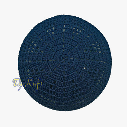 Dark Navy Blue Cotton Open-Weave Design Crochet Knit Head Cover Kufi Skull Cap