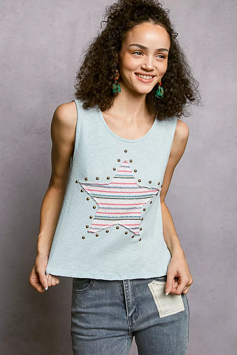 Hazel Blues® |  POL Round Neck Stud Point Ribbed Tank with Stripped Star Patch