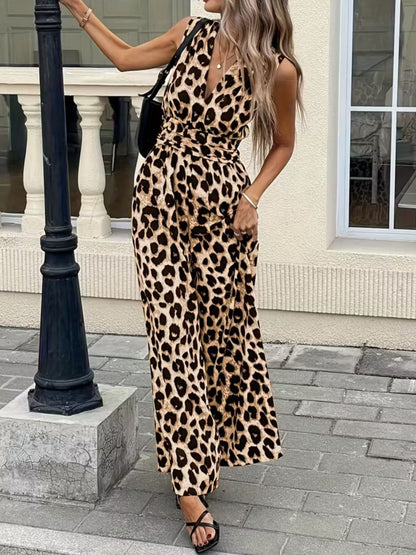 Hazel Blues® |  Sleeveless V-Neck Leopard Print Wide Leg Jumpsuit
