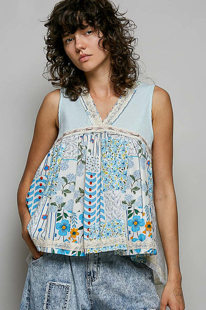 Hazel Blues® |  POL Floral V-Neck Sheer Tank with Lace Trim