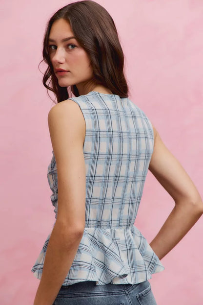 Hazel Blues® |  SO ME Plaid Sleeveless Ruffle Peplum Top