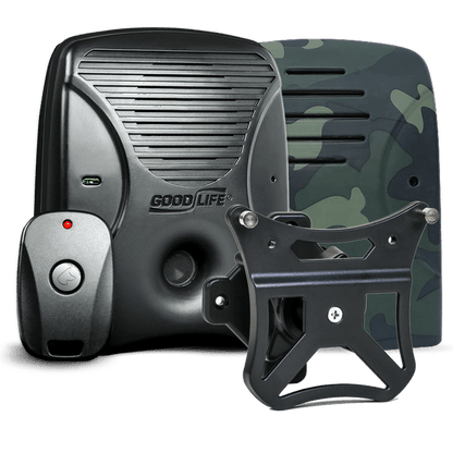Discreet Neighbor Pack – MAX. Pictured: Dog Silencer® MAX with its included remote, a camouflage-pattern faceplate, and a wall mount