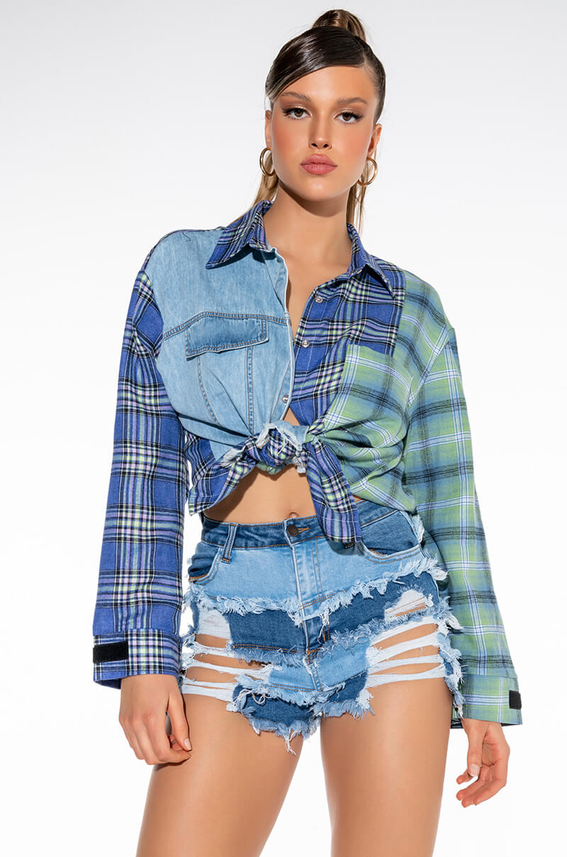 ALICE PATCHWORK DISTRESS HIGH RISE DENIM SHORTS