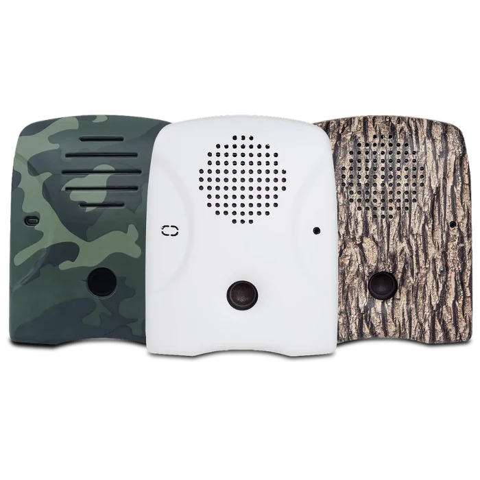 Dog Silencer's lineup of faceplates – tree-bark, camouflage, and matte-white (great for painting!)