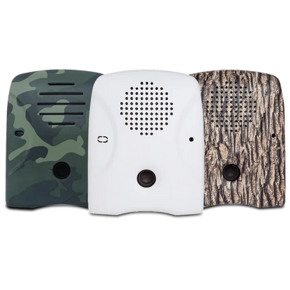 Dog Silencer's lineup of faceplates – tree-bark, camouflage, and matte-white (great for painting!)