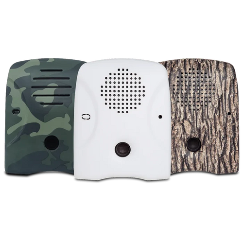 Dog Silencer's lineup of faceplates – tree-bark, camouflage, and matte-white (great for painting!)