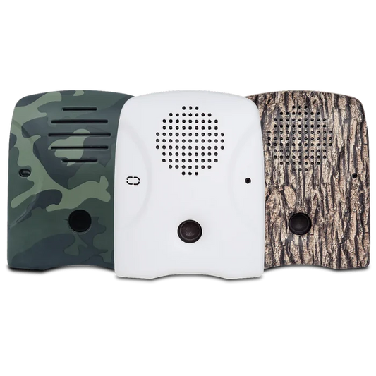 Dog Silencer's lineup of faceplates – tree-bark, camouflage, and matte-white (great for painting!)