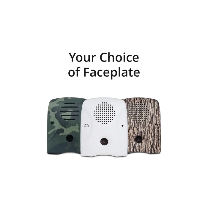 Dog Silencer® MAX's lineup of faceplates – tree-bark, camouflage, and matte-white (great for painting!)