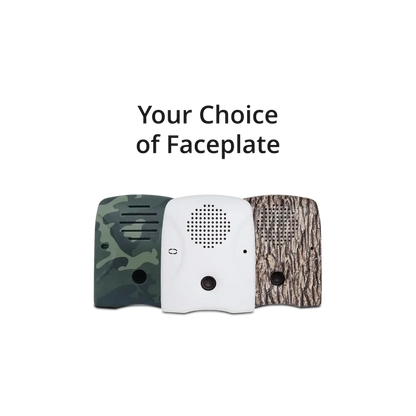 Dog Silencer® MAX's lineup of faceplates – tree-bark, camouflage, and matte-white (great for painting!)