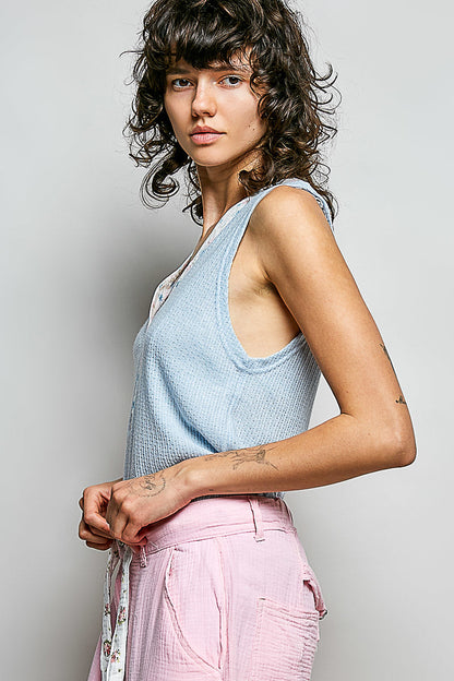 Hazel Blues® |  POL Ribbed V-Neck Tank with Contrast Floral Neckband