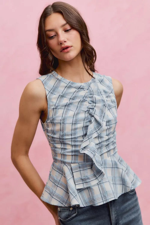 Hazel Blues® |  SO ME Plaid Sleeveless Ruffle Peplum Top