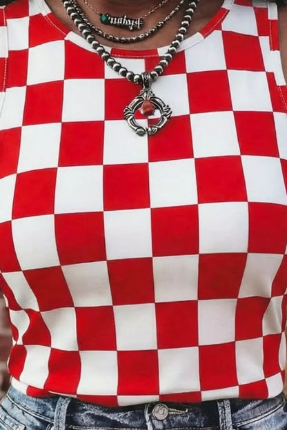 Hazel Blues® |  Checkered Print Round Neck Tank