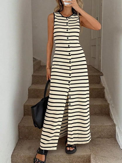 Hazel Blues® |  Striped Button-Front Sleeveless Slit Maxi Dress