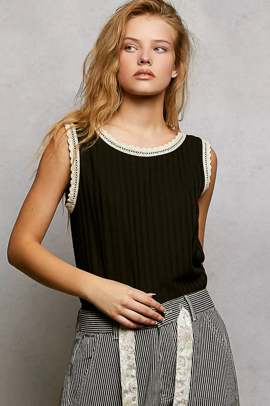 Hazel Blues® |  POL Ribbed Round Neck Tank with Lace Trim