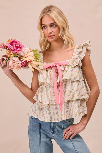 Hazel Blues® |  BiBi Floral Printed Woven Front Bow Tied Ruffled Square Neck Sleeveless Top