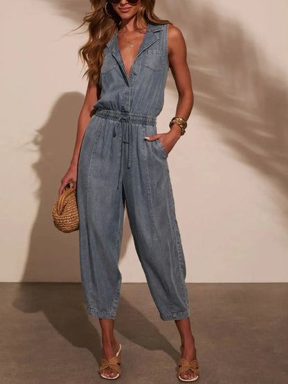 Hazel Blues® |  Sleeveless Drawstring Waist Washed Denim Jumpsuit