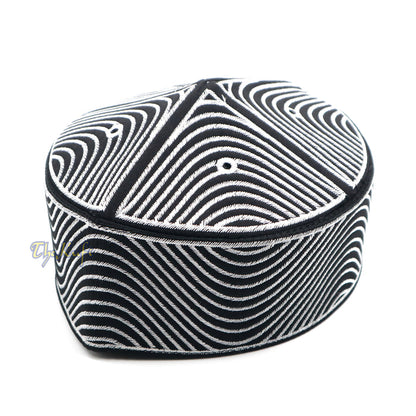 Exclusive Black Round Peak-Top Wave Design Kufi Hat with Silver-Tone Embroidery Semi-Rigid Taj Crown Cap
