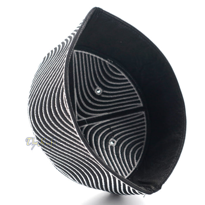 Exclusive Black Round Peak-Top Wave Design Kufi Hat with Silver-Tone Embroidery Semi-Rigid Taj Crown Cap