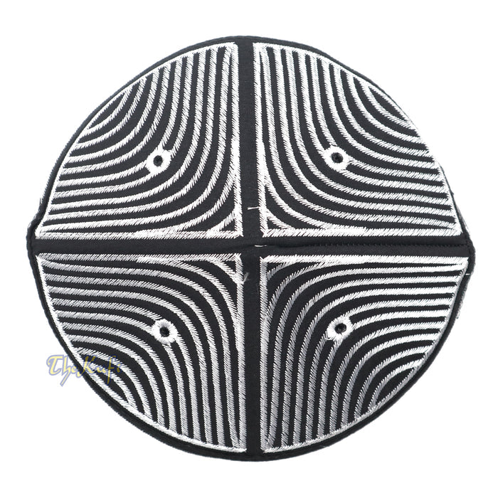 Exclusive Black Round Peak-Top Wave Design Kufi Hat with Silver-Tone Embroidery Semi-Rigid Taj Crown Cap
