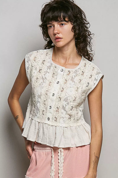 Hazel Blues® |  POL Round Neck Lace Sleeveless Top with Double Gauze Ruffle
