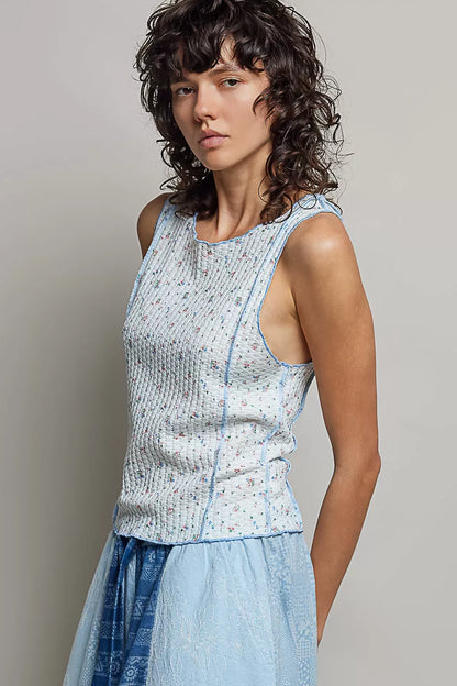 Hazel Blues® |  POL Seam detail Floral Round Neck Ribbed Tank