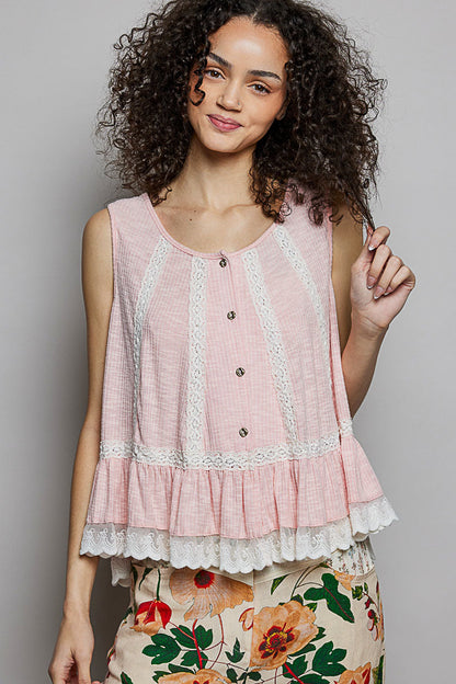 Hazel Blues® |  POL Lace Trim Ruffle Hem Button Detail Round Neck Sleeveless Top