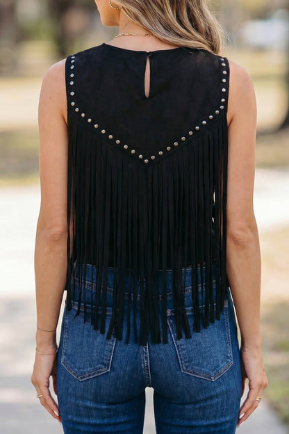 Hazel Blues® |  Black Western Fringe Rivet Paneling Bust Sleeveless Top