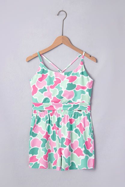 Hazel Blues® |  Green Camouflage Printed Cropped Tank Athleisure 2pcs Short Set