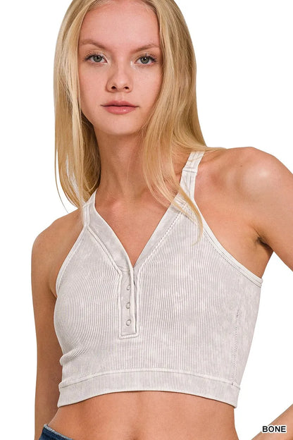 Hazel Blues® |  Zenana Washed Ribbed Seamless Button V-neck Tank Top