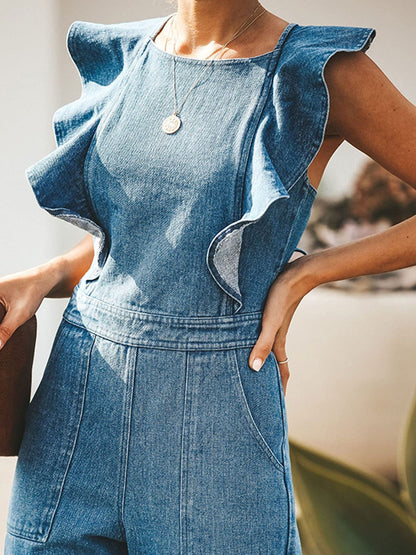 Hazel Blues® |  Ruffled Sleeveless Denim Jumpsuit