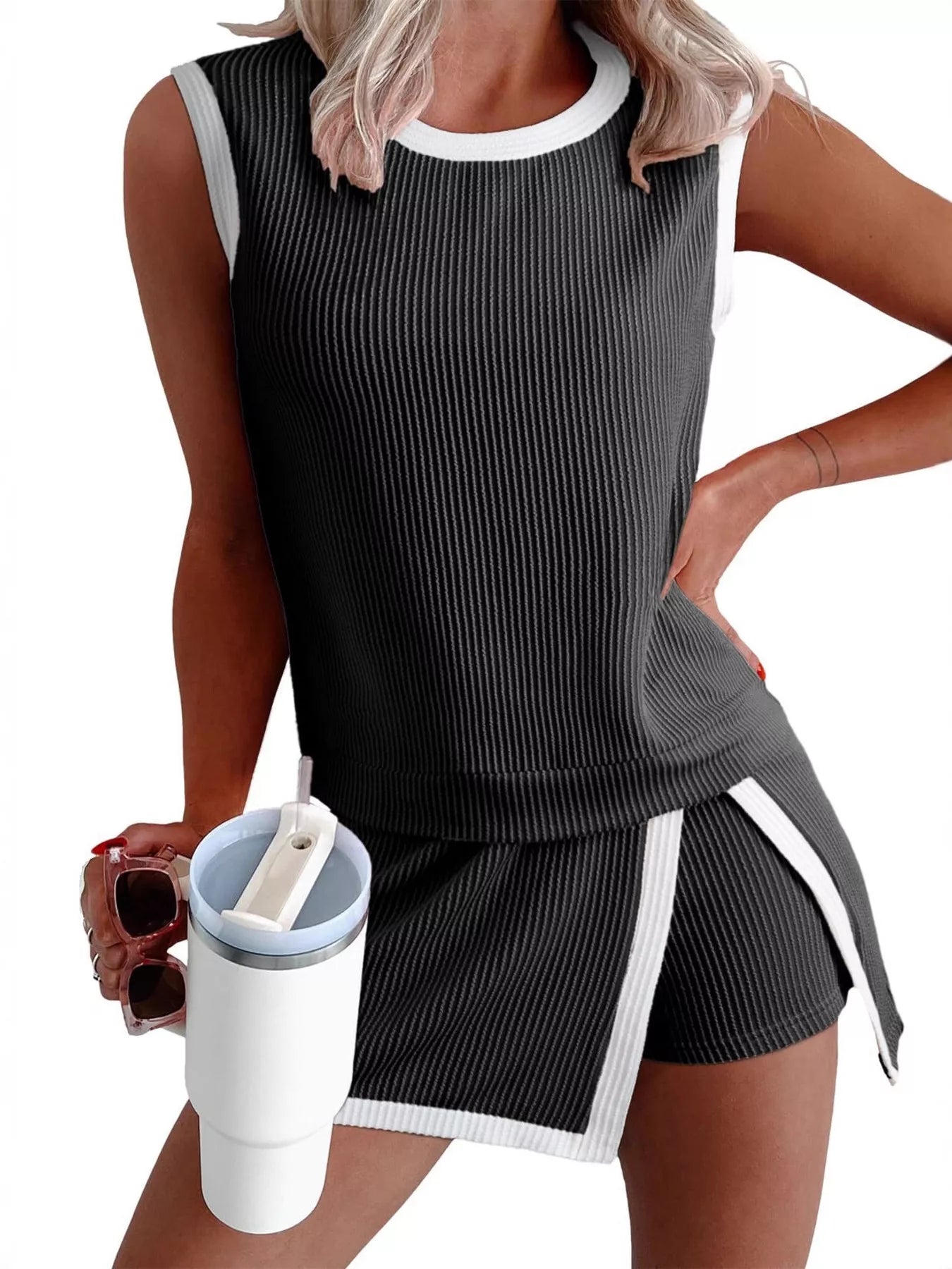 Hazel Blues® |  Ribbed Knit Sleeveless Top and Skort Set