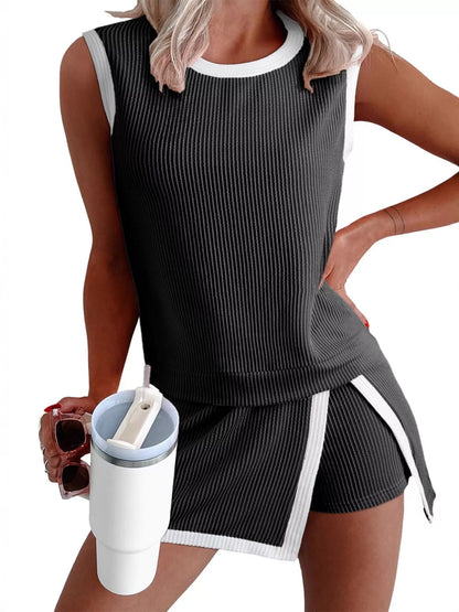 Hazel Blues® |  Ribbed Knit Sleeveless Top and Skort Set