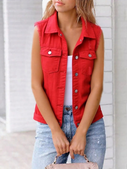 Hazel Blues® | Sleeveless Frayed Denim Vest Jacket