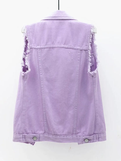 Hazel Blues® | Button Down Raw Hem Sleeveless Denim Jacket