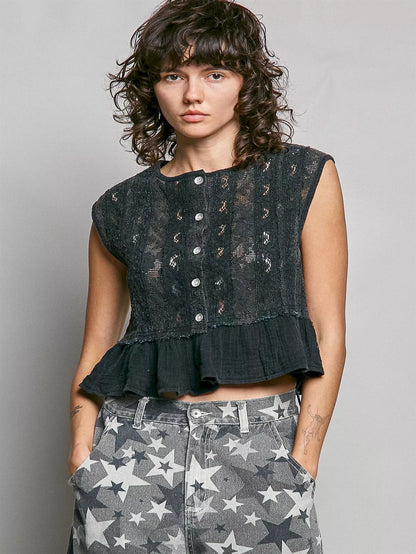 Hazel Blues® |  POL Round Neck Lace Sleeveless Top with Double Gauze Ruffle