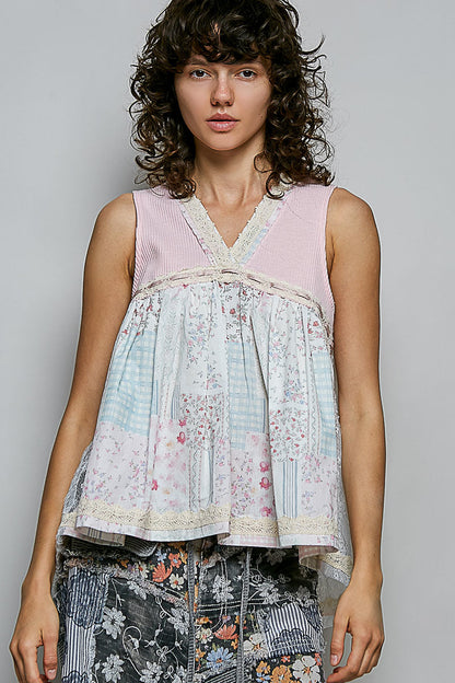 Hazel Blues® |  POL Floral V-Neck Sheer Tank with Lace Trim