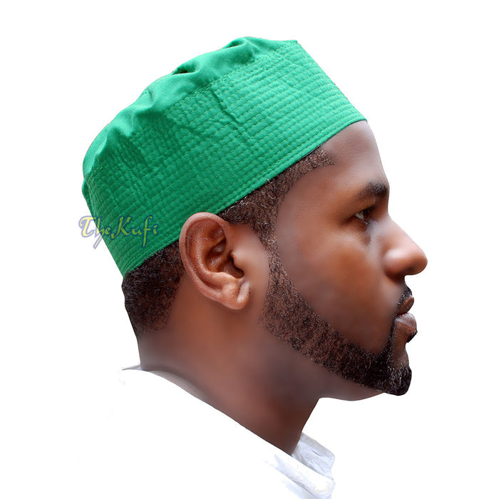 Green Ijazi Muslim Kufi - Pleated-Top Cotton-Mix Fabric Islamic Hat