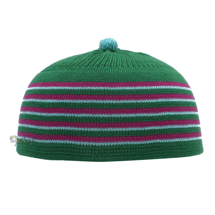 Green with Hot Pink and Turquoise Lines Baby Or Infant Kufi pom-pom Stretchable Beanie