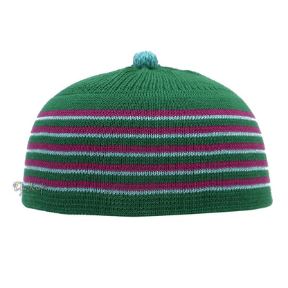 Green with Hot Pink and Turquoise Lines Baby Or Infant Kufi pom-pom Stretchable Beanie