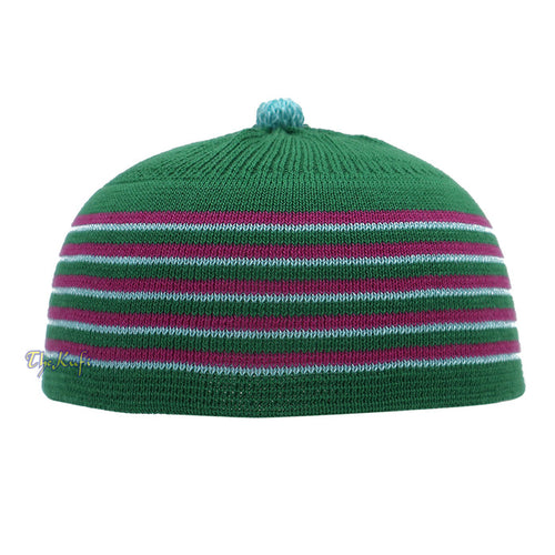 Green with Hot Pink and Turquoise Lines Baby Or Infant Kufi pom-pom Stretchable Beanie