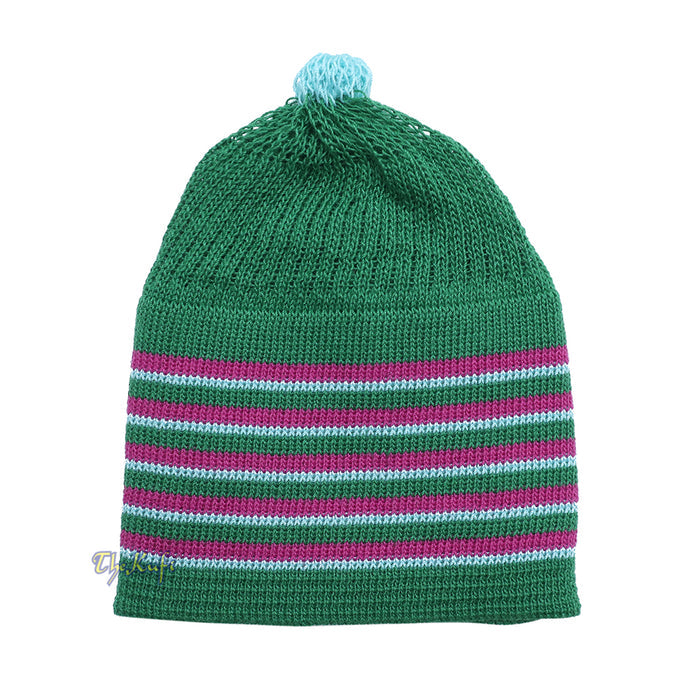 Green with Hot Pink and Turquoise Lines Baby Or Infant Kufi pom-pom Stretchable Beanie