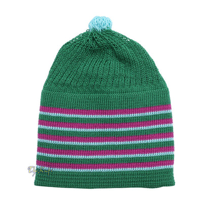 Green with Hot Pink and Turquoise Lines Baby Or Infant Kufi pom-pom Stretchable Beanie
