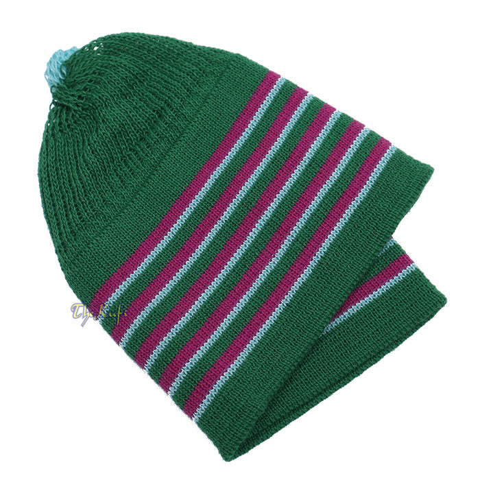 Green with Hot Pink and Turquoise Lines Baby Or Infant Kufi pom-pom Stretchable Beanie