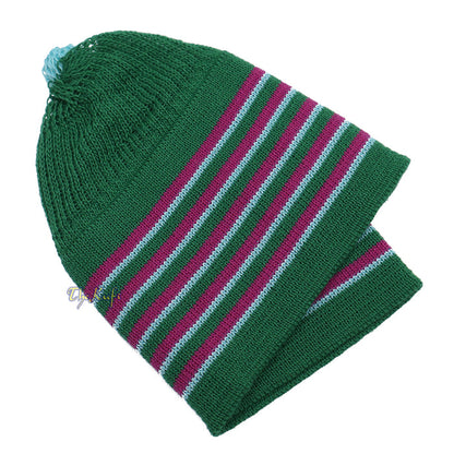 Green with Hot Pink and Turquoise Lines Baby Or Infant Kufi pom-pom Stretchable Beanie