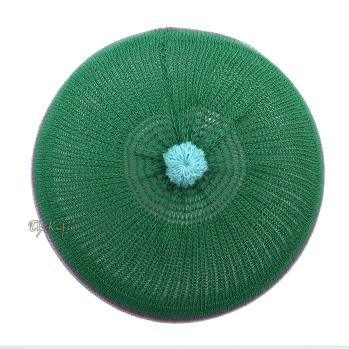 Green with Hot Pink and Turquoise Lines Baby Or Infant Kufi pom-pom Stretchable Beanie