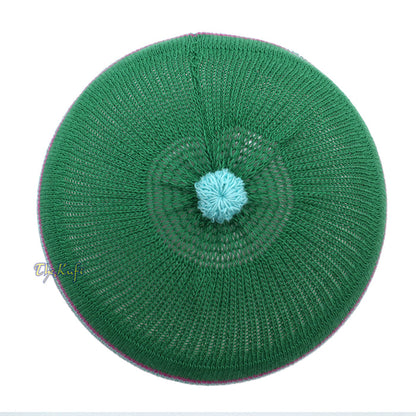 Green with Hot Pink and Turquoise Lines Baby Or Infant Kufi pom-pom Stretchable Beanie