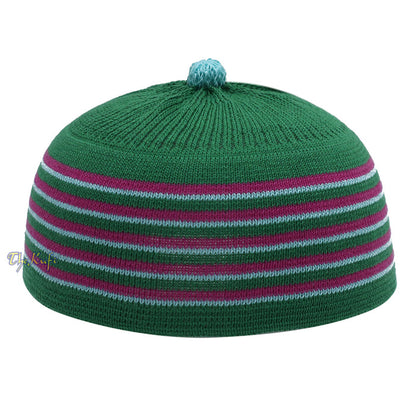Green with Hot Pink and Turquoise Lines Baby Or Infant Kufi pom-pom Stretchable Beanie