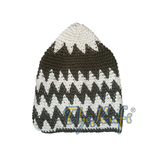 Hand-Crocheted Cotton Sturdy Cream & Dark Olive Green Zigzag Kufi Hat